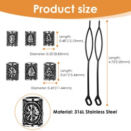 Cupimatch Viking Beard Beads Hair Beads Set: Stainless Steel Hair and Beard Jewellery Celtic 6 Pieces Rune Beads in 2 Sizes with Hair Threader DIY Dreadlock Jewellery Unisex Viking Hair Accessories