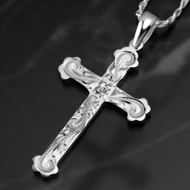 Leilani Hawaiian Jewelry Scroll Carved Cross Pendant Necklace, Men's, Silver 925, No Gemstone