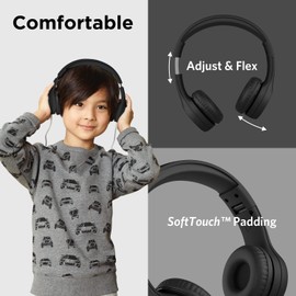 LilGadgets Connect+ Style On-Ear Kids Headphones with Microphone - SharePort Technology, SoftTouch Padding, Detachable Cable, Noise Reduction, Durable & Adjustable - Black