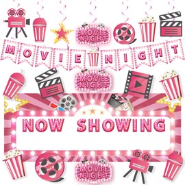 Pink Movie Night Party Decorations 36Pcs Now Showing Party Supplies Include Movie Theme Party Banner Film Backdrop Hanging Foil Swirls Cardstocks for Girls Film Theater Festival Birthday Party Decor