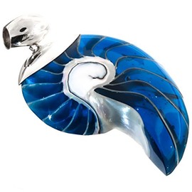 Genuine Nautilus Shell Blue Color Resin Fill 925 Sterling Silver Pendant, 2 3/8"