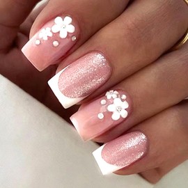 Square Press on Nails Medium Acrylic Nails White French Tip Fake Nails Press ons Pink Full Cover White Flower Silver Glitter Rhinestones Glue on Nails Artificial Stick on Nails for Women 24Pcs