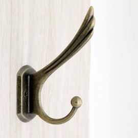 LXZ 4 PCs Antique Brass Wall Mounted Hooks – Vintage Dual Prong Wall Hooks - Hangers, Height 3.5-in (9 cm)