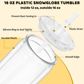 Maucircol 16 Oz Plastic Snowglobe Tumbler, 4 Pack Pre-Drilled Double Wall Plastic Clear Cup for Glitter Snow Globe Diy, Double Wall Snowglobe Cup with Clear Lid