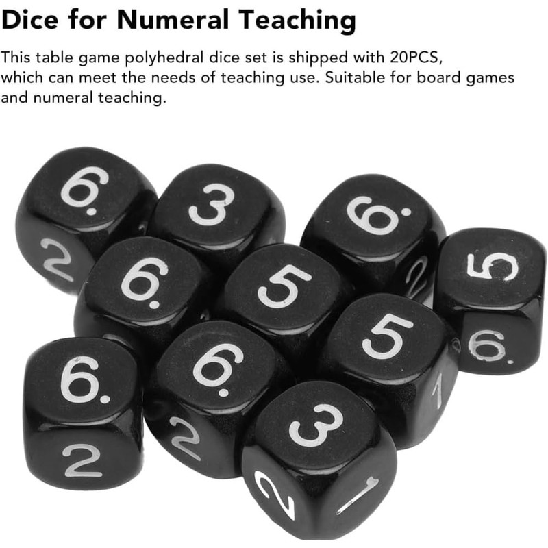 20Pcs Black Polyhedral Dice Set, 6-Sided Number Dice, 16mm, Round