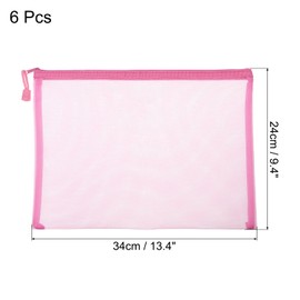 MECCANIXITY Mesh Zipper Bags, A4 Nylon Zip Pouch Pencil Case Storage Pockets for Travel Office Accessories, Pink Pack of 6