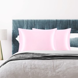 PiccoCasa Satin Pillowcases for Hair and Skin with Eye Mask and Scrunchie Soft Pillowcase 2 Pack Envelope Closure Silky Bed Pillow Covers Set for Sleeping Pink 50 x 65cm
