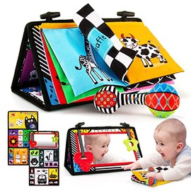 3-in-1 Tummy TimeToys Set with Baby Mirror,Crinkle Activity Book,Rattle | Tummy Time Mirror Black and White High Contrast Baby Toys for Newborn Develo