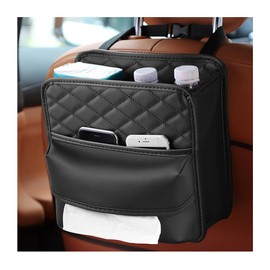 Sandfren Car Seat Back Hanging Bag, Leather Multipurpose Vehicle Seatback Organizer, Foldable Multipocket Automotive Road Trip Essentials Storage Pocket, Universal for SUV RV Truck