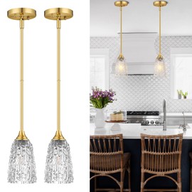 SADUENFR Brushed Gold Pendant Lights Kitchen Island 2 Pack, Glass Pendant Light Fixtures with Hammered Glass and Rods, Modern Farmhouse Brass Hanging Light for Kitchen Sink Dining Room Bedroom, E26