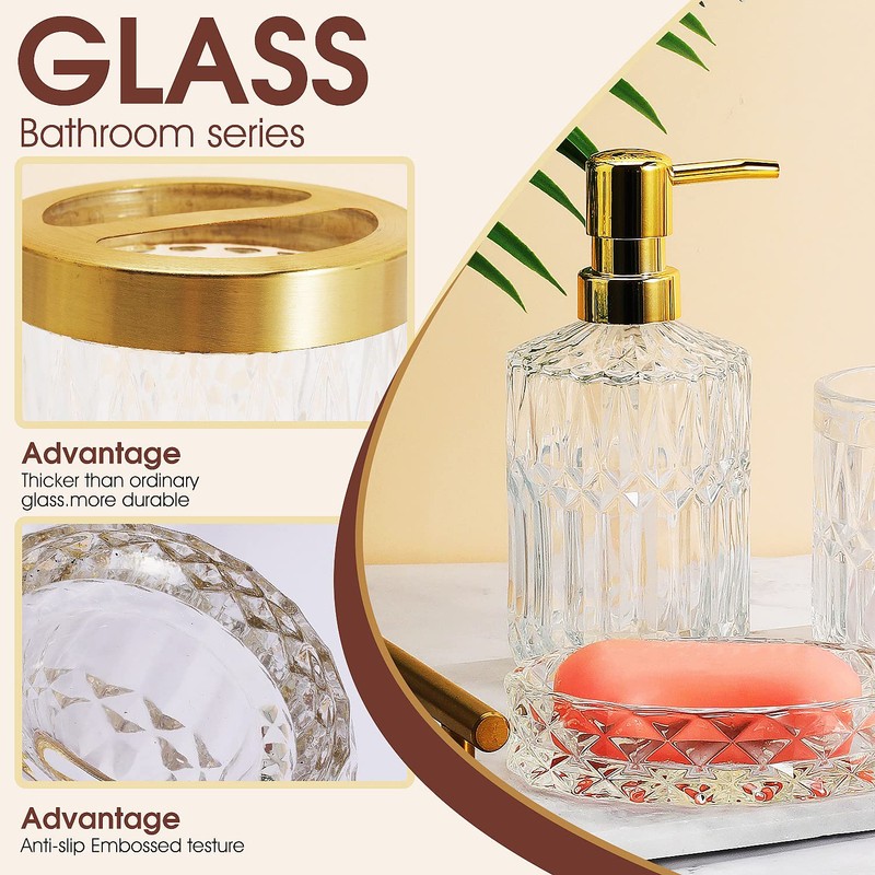 5Pcs Glass Bathroom Accessories Complete Set, Lotion Dispenser, Soap Dish,