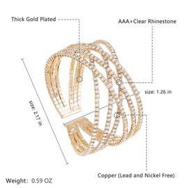 Ecesha Sparkly 6 Rows Cross Rhinestone Crystal Multilayer Arm Cuff Bangle Bracelet for Women Costume Jewelry Formal Wedding Party (Style A & Gold Plated)