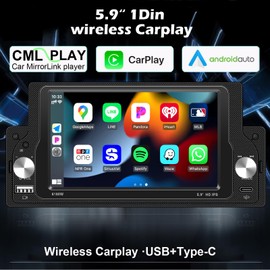 Wireless Apple CarPlay Single Din Car Radio,5.9 inch IPS Touch Screen 1280 * 720, Car Stereo Bluetooth 5.2,FM Radio, Android Auto,180 Watts subwoofer Output, Backup Camera, SWC,USB Type-c, Car Play