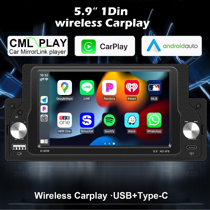 Wireless Apple CarPlay Single Din Car Radio,5.9 inch IPS Touch
