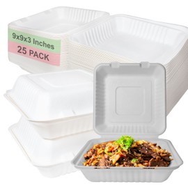 Compostable Square Hinged Clamshell Food Container 9x9x3 inch - Heavy Duty Disposable to go Containers, Bagasse Fiber Biodegradable Containers with Lids for Takeout, Restaurants, Food Trucks (200)