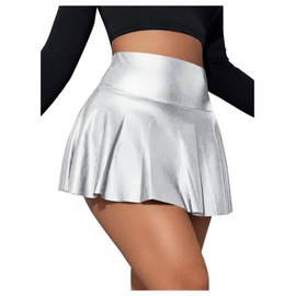 OYOANGLE Women's Pu Leather Elastic High Waist Skorts Ruffle Hem Casual Flared Skirt Shorts Silver Small