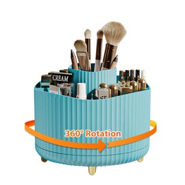 Veki 360°Rotating Makeup Brush Holder Organizer, Makeup Organiser for Dressing Table, Cosmetic Brush Holder for Bathroom and Vanity, Cosmetic Brushes Container Storage for Lipstick Eyeliner (Blue)