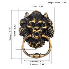 sourcing map 2 Pcs Lion Head Pulls Knob, 6 Inch Zinc Alloy Vintage Lion Door Handle Decorative Front Door Knob Ring Pull Handle for Gate Cabinets Drawers, Brass