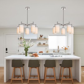 VINLUZ 5-Light Brushed Nickel Chandeliers Lighting Contemporary Modern Pendant Lamp with Opal White Glass Shade Farmhouse Dining Room Lighting Fixtures Hanging Adjustable for Kitchen Island