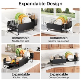 Dish Drying Rack - Large Dish Racks for Kitchen Counter, Expandable Dish Drainers with Cutlery Holder Stainless Steel Rustproof, Black