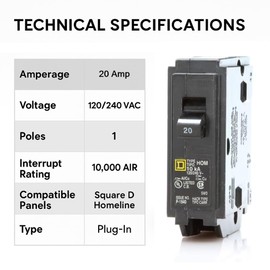 Square D HOM120 – 20 Amp 20A Single Pole Plug-in Homeline Circuit Breaker – Genuine OEM Replacement UL Listed 120V – 2-Pack