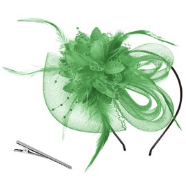 Song Qing Beaded Feather Hair Fascinator Hair Clip Headband Mess Wedding Cocktail Tea Party Hat Headpiece (Green)
