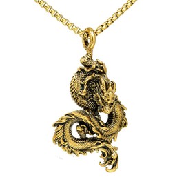 Chinese Dragon Necklace for Men, Hip Hop Dragon Necklace, Norse Viking Dragon Head Pendant Necklace with 23.6"Chain, Stainless Steel Punk Rock Dragon Pendant, Vintage Animal Dragon Necklace Jewelry for Men (Gold)