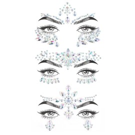 Music Festival Face Jewels, 3 Sets Mermaid Face Jewels Stick On, Rhinestone Rave Face Gems Glitter, Temporary Crystal Stickers Decorations for Christmas Festival Music Carnival Race Party Makeup