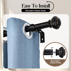 SIMEWIN Heavy Duty Curtain Rods for Windows 28 to 48 Inches, 1 Inch Black Curtain Rods for Bedroom, Living Room, Patio, Kitchen, Adjustable Curtain Rods with Classic Finials, Black with Gold Finishing