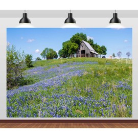 Loccor 8x6ft Fabric Countryside Old Barn Backdrop Texas Country Green Hill with Bluebonnet Wildflowers Wooden Barn House Background Outdoor Birthday Baby Shower Photo Studio Props