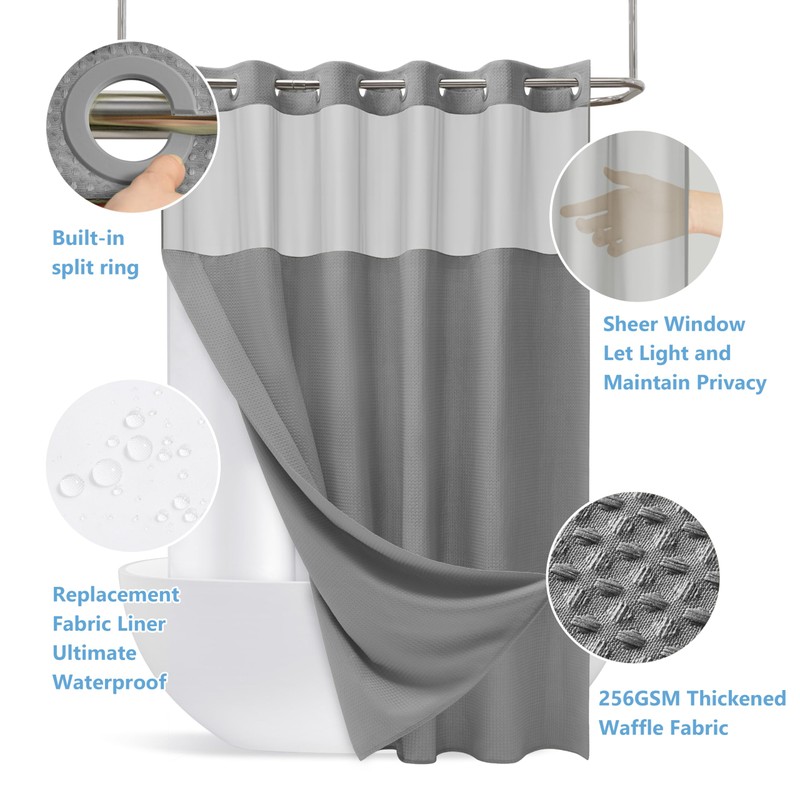 PILOTSHARK No Hook Waffle Weave Shower Curtain Set with Snap-in