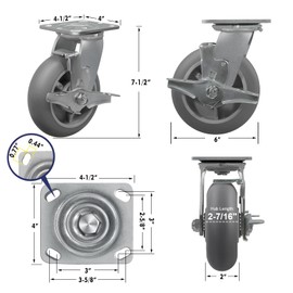 NINOSO Caster Wheels Heavy Duty, 6" x 2" Rubber Caster with Roller Bearing, Crown Tread Swivel Caster with Brake, Set of 2 Rubber Caster Wheel Load 1000lbs (2 Brake)
