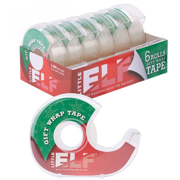 Little ELF Gift Wrap Tape, 6 Rolls, 3/4 x 650 Inches, Clear, Transparent Tape for Holidays, Wrapping Paper, Christmas