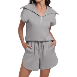 ANRABESS Two Piece Sets for Women Summer Half Zip Short Set Sweatsuit 2 Piece Outfits Sweat Lounge Sets Tracksuit light grey Medium
