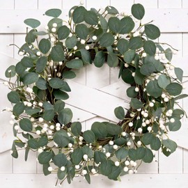 MAINGKAUNG Green Eucalyptus Wreath 22inch Greenery Wreaths for Front Door Artificial Winter Wreath with Green Eucalyptus Leaves White Berries for Winter Christmas Window Wall Indoor Holiday Decoration