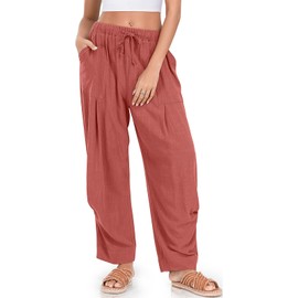 TARSE Women Linen Wide Leg Pants Drawstring Low Waist Beach Travel Vacation Outfits, DustyRose, S