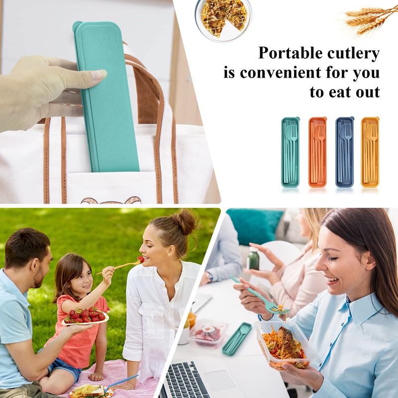 DISSKNIC Reusable Travel Utensils with Case, 4 Sets Wheat Straw
