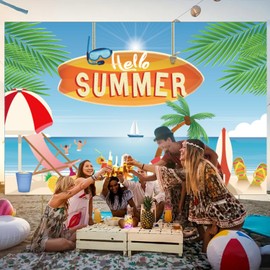 Hello Summer Backdrop Banner, Summer Hawaiian Beach Party Background Banner, Summer Holiday Indoor Outdoor Photo Booth Props for Summer Party Decorations, 71 x 44 Inch