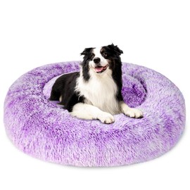 Patas Lague Calming Dog Bed for Medium Dogs, Fluffy Soft Cozy Cat Bed, Faux Fur Anti-Anxiety Plush Donut Cuddler, Washable Pet Bed for All Seasons (24 in, Gradient Purple)