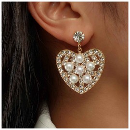 Cimenexe Bohemian Love Heart Earrings Vintage Pearl Heart Drop Earrings Gold Crystal Stud Rhinestone Heart Earrings Paved CZ Heart Statement Earrings Jewelry for Women and Girls
