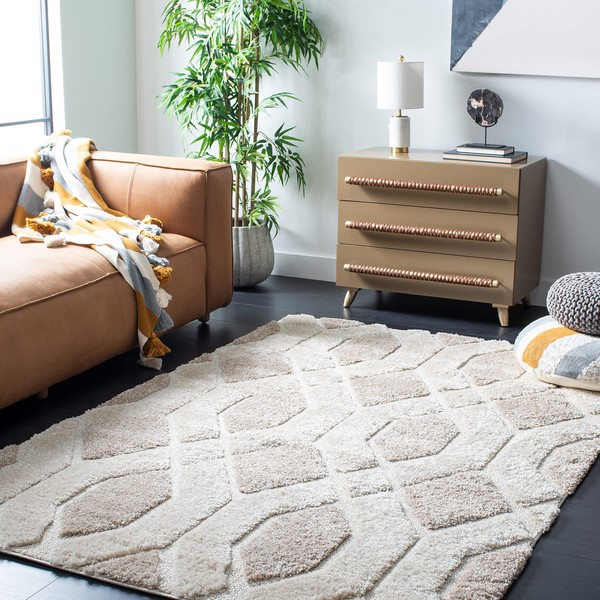 SAFAVIEH Memphis Shag Collection 6'7" Square Beige/Cream SG833E Abstract Non-Shedding