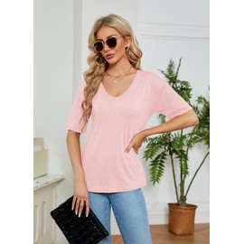 Sherosa Summer Tops for Women Casual V Neck Cotton Short Sleeve Solid Color Shirts Pink L