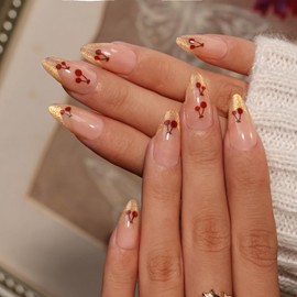 KQueenest Cat Eye Press on Nails Almond Medium, Bling Gold French Tip False Nails with Glue, Sparkly Fake Nails Press ons with Cherry Design, Reusable Soft Gel Stick on Nail for Women, 30 Pcs