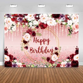 Sensfun Burgundy Floral Birthday Backdrop Pink Rose Gold Flower Glitter Dot Happy Birthday Banner Photography Background for Women Girls Birthday Party Decorations Supplies Photo Booth Backdrops 7x5ft