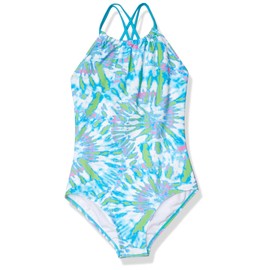 Kanu Surf Girls' Jasmine Beach Sport Halter One Piece Swimsuit, Camille Lt Blue, 12