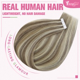 YoungSee Human Hair Tape in Extensions Brown Highlight Tape in Hair Extensions Light Brown Highlights Blonde Glue in Hair Extensions 14 Inch Tape on Remy Hair Extensions Human Hair for Women 20pcs 50g