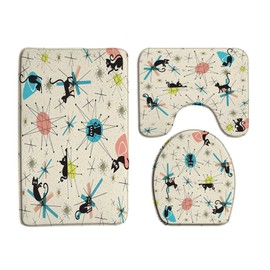 3 Piece Mid Century Modern Bath Mat Sets Vintage Iconic Atomic Starbursts Black Cat Geometric Retro 1950S 17.8"X29.5" Bathroom Rugs,Toilet Seat Cover,U-Shaped Floor Mat