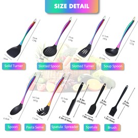 Silicone Cooking Utensils Set, 9Pcs Kitchen Utensil Set with Stainless Steel Handle, Heat-Resistant Silicone Utensils for Cooking, Non-Stick Spatula Set with Spoons, Turners, Ladle (Rainbow)