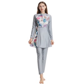 Womens Burkini Swimsuits Muslim Modest Swimwear Islamic Full Body Swimming Top Pants Hijab Long Sleeve Rash Guard, Gray, X-Large