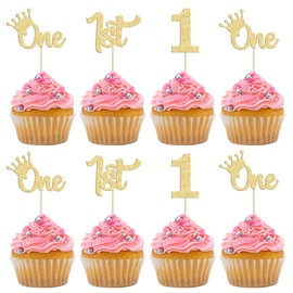 24 piezas de decoración para cupcakes de primer cumpleaños con purpurina para primer cumpleaños, 1 cupcake para baby shower, 1 fiesta de cumpleaños, decoración de pasteles, suministros dorados